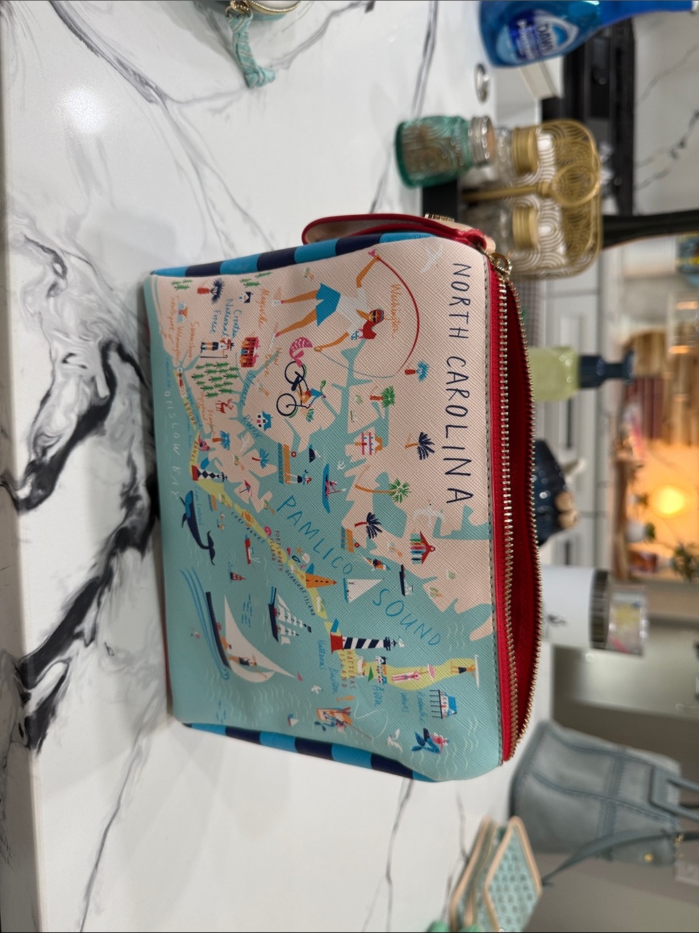 Spartina 449 Aqua & Coral North Carolina Map Cosmetic Pouch